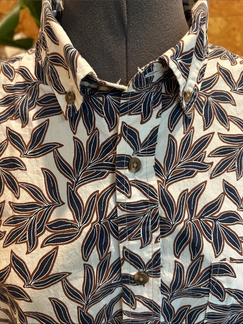 Banana Republic White Button-Up Shirt with Black Leaf Print
